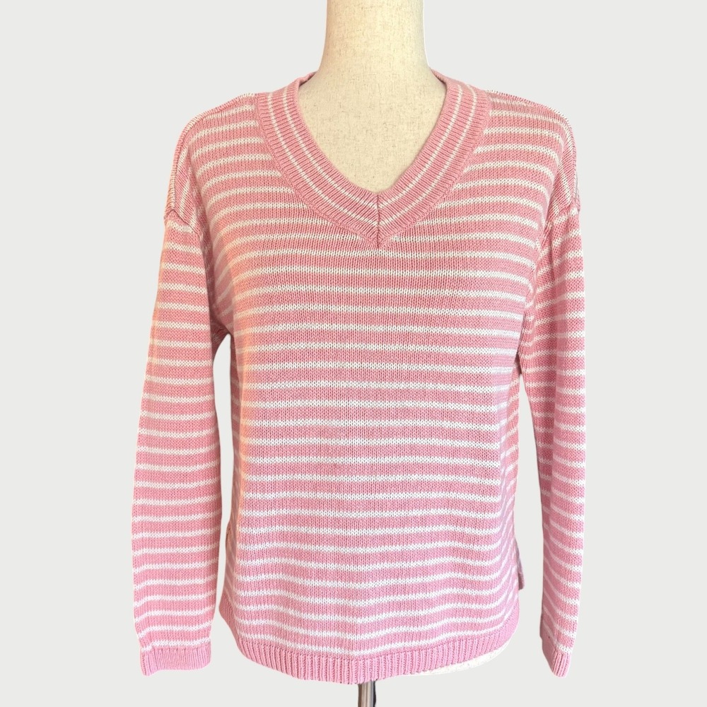 Talbots Pink White Striped V-Neck Linen Cotton Sweater Medium Petite MP Preppy